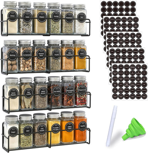 VITEVER Magnetic Spice Rack - 4 Pack with 24 Square Glass Jars, Quick-Find Labels, Funnel, Space Saver