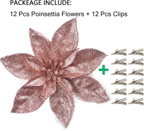 GL-Turelfies 12 Pcs Rose Gold Glitter Christmas Flowers (16cm/6.3’’) with 12 Pcs Clips for Xmas Tree Ornaments
