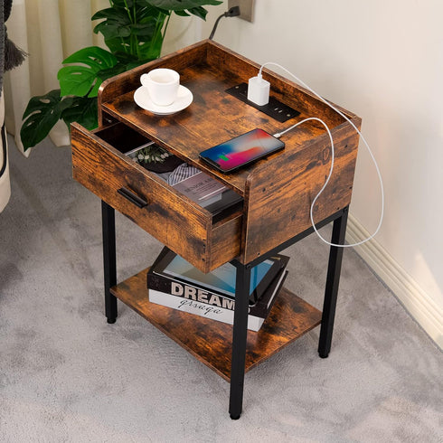 Lerliuo Nightstand with Charging Station, 3-Tier End Table with Storage Drawer, Modern Bedside Night Stand, Retro Brown
