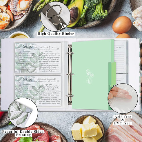 Recipe 3 Ring Binder 8.5x9.5, Organizer Set with 25 Slot Pages, 50 Recipe Cards, 6 Divider Pages
