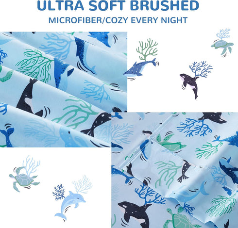 4 Set Sets Viviland Pieces Boys Blue Ocean Full Sheet - Soft Microfiber Fitted Flat Sheets & Pillowcases - Blue Ocean