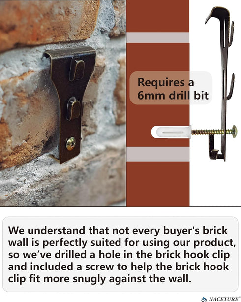 NACETURE Brick Hook Clips (8 Pack) - Fits 2-1/4 to 2-2/5 Inch Bricks, Requires More Than 1/8” Brick Wall Cement Gap