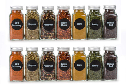 BEST VALUE 14 Large Glass Spice Jars, 6oz, Includes 126 Chalkboard Labels & 113 PVC Clear Labels
