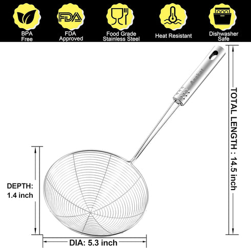 Anaeat 5.3" Stainless Steel Spider Strainer Skimmer, Professional Kitchen Pasta Strainer Spoon with Long Handle