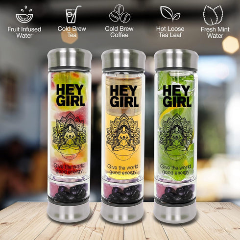 Crystal Water Bottle with Rose Quartz & Amethyst - Reusable Glass Water Bottle, Tea Infuser Mug Tumbler