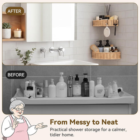 2 Pack GRANNY SAYS Wicker Corner Shower Caddy Hanging, Shower Shelf for Inside Showers, Adhesive Shelves for Bathroom