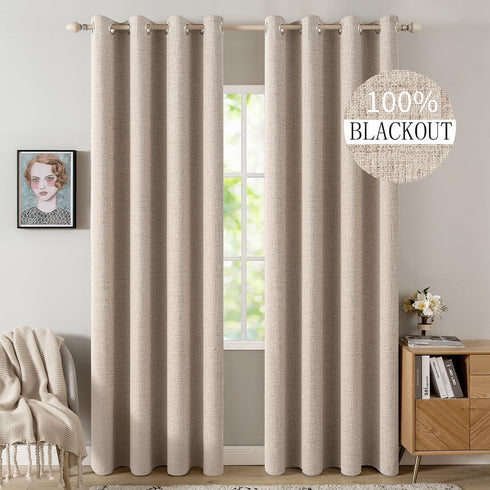 MIULEE 100% Blackout Linen Textured Curtains - Solid Thermal Insulated Natural Beige Grommet Drapes, 52 x 96 Inch, 2