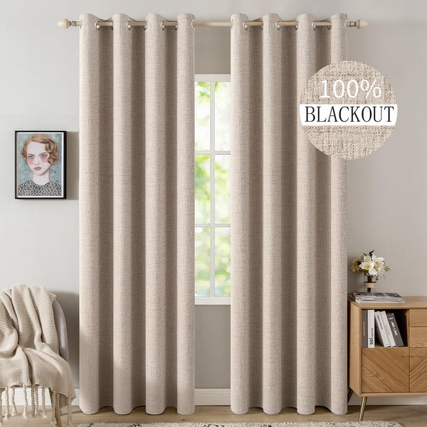 MIULEE 100% Blackout Linen Textured Curtains - Solid Thermal Insulated Natural Beige Grommet Drapes, 52 x 96 Inch, 2