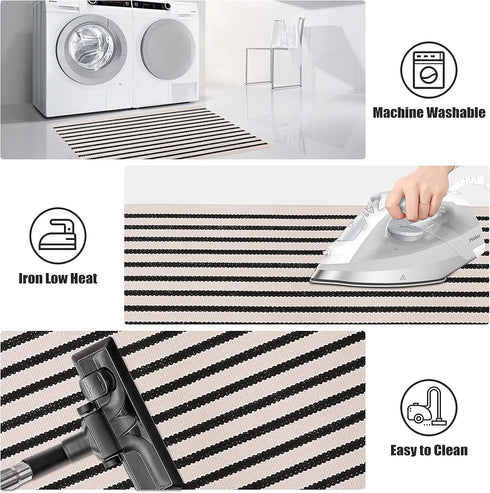 LEEVAN Black and White Striped Rug Doormat 24"x35", Washable Cotton Hand Woven for Entryway