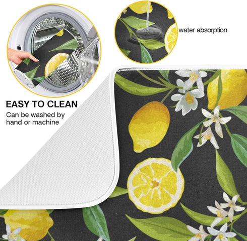ALAZA Yellow Lemon on Black Dish Drying Mat for Kitchen Ccounter Absorbent Microfiber Small Drying Pad Dish mats for Kitchen Countertops 16 x 18 Inch