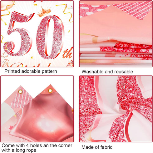 DPKOW Rose Gold 50th Birthday Banner - Backdrop, Wall & Garden Decoration, 185 x 90cm Fabric