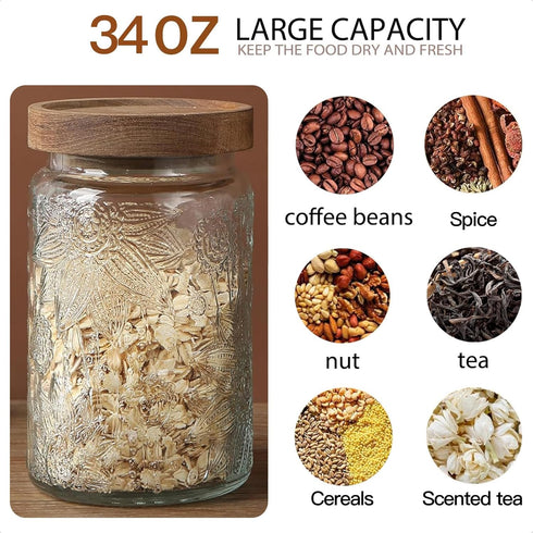 Yiluokuang 34 OZ Set Counter Airtight Glass Storage Jar with Bamboo Lid - Vintage Glass Jar Vintage Food Containers