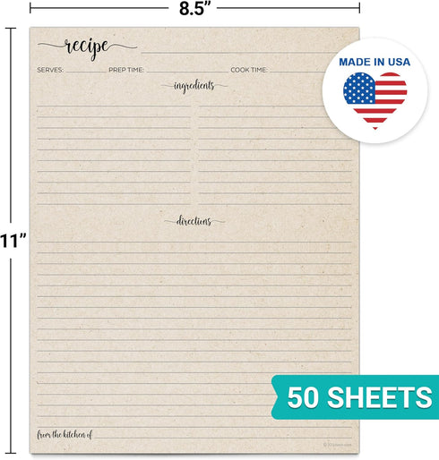 321Done Recipe Paper, Made in USA - 8.5x11 Tan, Full Page Blank Recipe Paper to Write in Your Own Recipes, Minimalist Letter Size Refill Pages for Recipe Binder, Recipe Box, Recipe Organizer, 50-Pack
