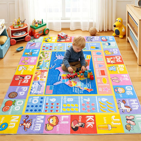 4x5 Kids Rugs for Playroom - Soft & Non-Slip Feet Educational Rug for Learning ABC Alphabet, Numbers, Shapes & Map