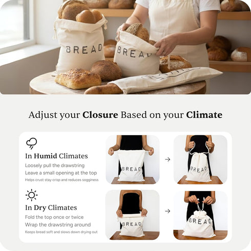 2 1 Leafico Reusable Bread Bags Cotton Storage Bags + Baguette Bag with Food Safe TPU Liner For Homemade Bread