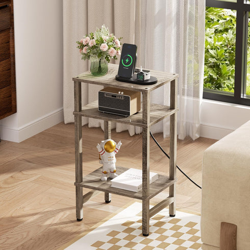 3 Asgolion Tier End Table with Storage and Fast Charging Station, Tall Narrow Nightstand with Type C and USB Port
