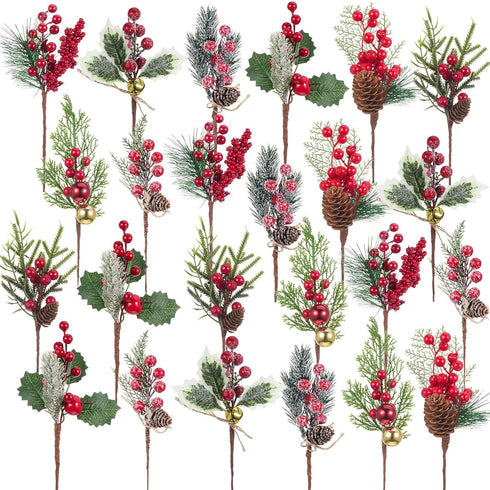 WILLBOND 24 Pcs Artificial Christmas Tree Picks Red Berry Pine Picks Spray
