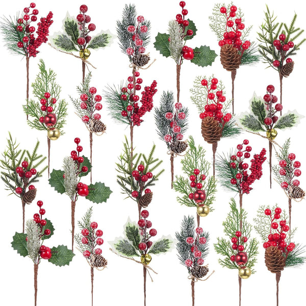 WILLBOND 24 Pcs Artificial Christmas Tree Picks Red Berry Pine Picks Spray