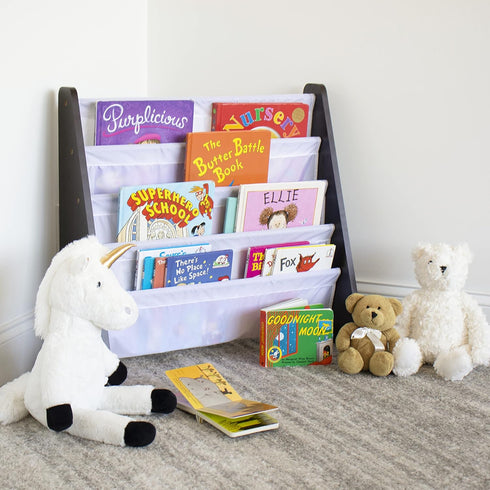 4-Tier Humble Crew Kids Bookshelf, Espresso Wood/White - Premium Book Shelf for Kids Rooms with Four Deep Pockets