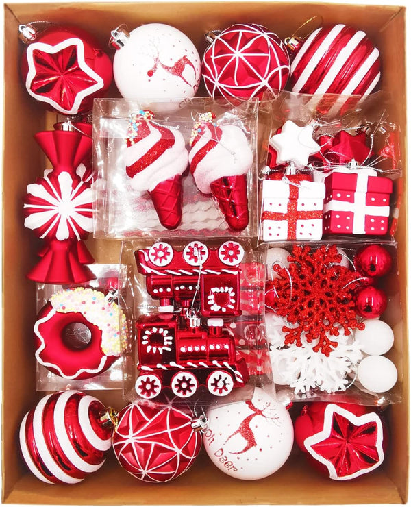 Christmas Tree Ball Ornaments Set, 70 ct Classical Red White Candy Train