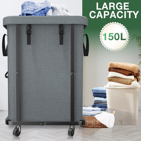 40 Gal(150L) High Grade Large Laundry Basket with Wheels, Rolling Laundry Hamper, Laundry Cart with Metal Frame