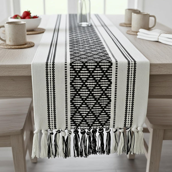 Boho Table Runner with Tassel 14 x 72 Inches, Black & Cream