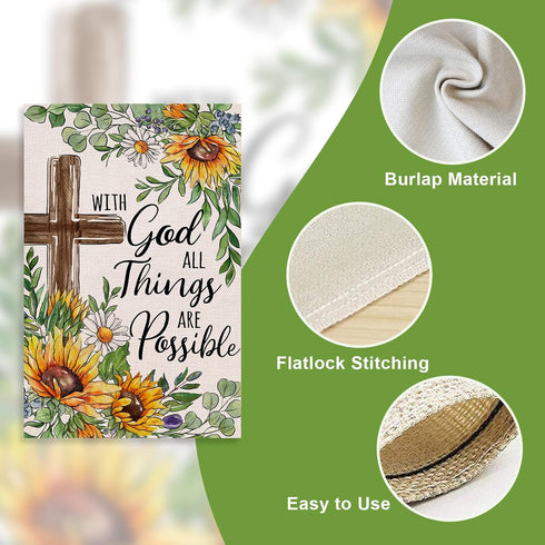 With God All Things Are Possible Christian Decorative Garden Flag | Religious Cross Sunflower Outdoor Décor