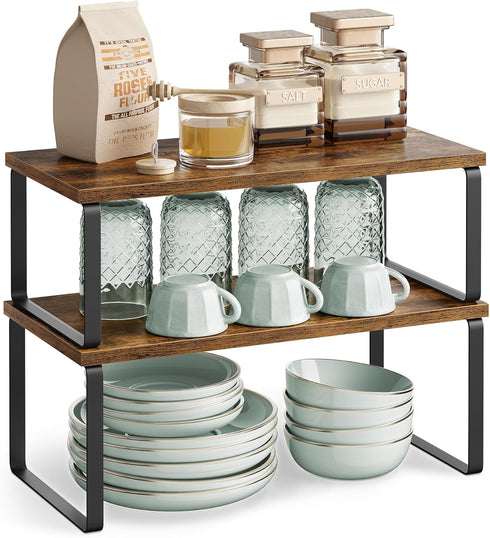 SONGMICS Cabinet Organizer Shelf, Set of 2 Stackable Kitchen Counter Shelves, Expandable Spice Rack, Metal and