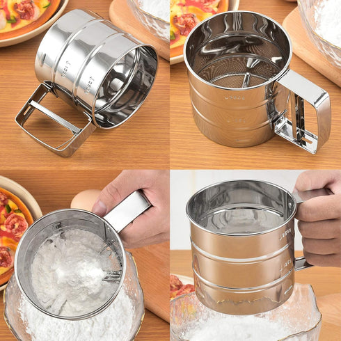Stainless Steel Flour Sieve, Semi-Automatic 2 Cup Sifter for Baking, Fine Mesh Coffee Sieve Cup