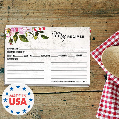 Vintage Floral Favorite Recipe Cards / 50 Pack Double Sided Cooking Ingredients Note Cards / 4" x 6"
