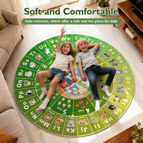47x47'' Kids Educational Area Rug for Playroom, Round ABC Alphabet Animals Fruits & Seasons Learning Rug,Non-Slip Soft