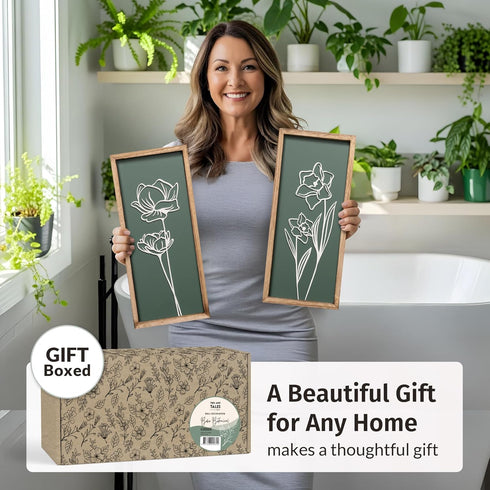 3D (Set 2) Floral Green Wall Art of Lightweight, Wooden Ready-to-Hang Boho Framed Wall Art for Bathroom, Bedroom