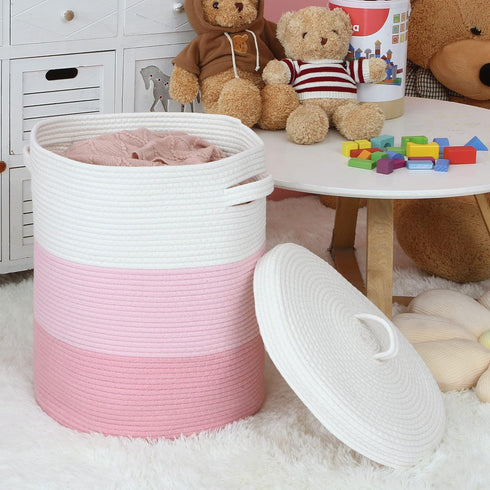 Sea Team Large Cotton Rope Woven Storage Basket with Lid, 16 x 20 inches, White & Pink, Clothes Toys Organizer