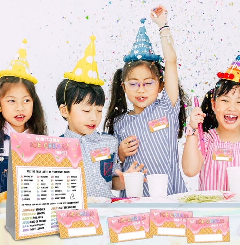BirtDerr 30PCS What's Your Ice Cream Name, Ice Cream Decorations for Birthday Party, Sticker Name Cards for Birthday