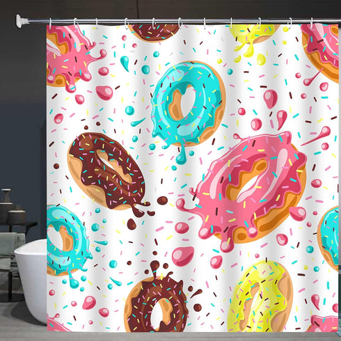 Colorful Donuts Shower Curtain Sets with Hooks, Pink Chocolate Lemon Blue Mint Glaze on White, Waterproof Bathroom Decor