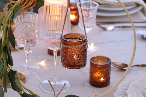 24pcs DEVI Vintage Amber Votive Candle Holders, Amber Glass Tea Lights Candle Holder for Baby Shower, Boho Wedding