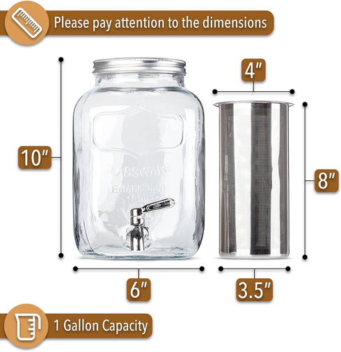 BTaT 1 Gallon Cold Brew Coffee Maker with Mason Jars, Iced Tea Maker, Glass Beverage Dispenser