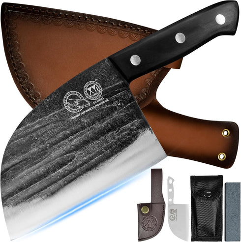 XYJ 6 Inch Serbian Chef Knife with Sheath, Handmade Forged Outdoor Kitchen Butcher Knife