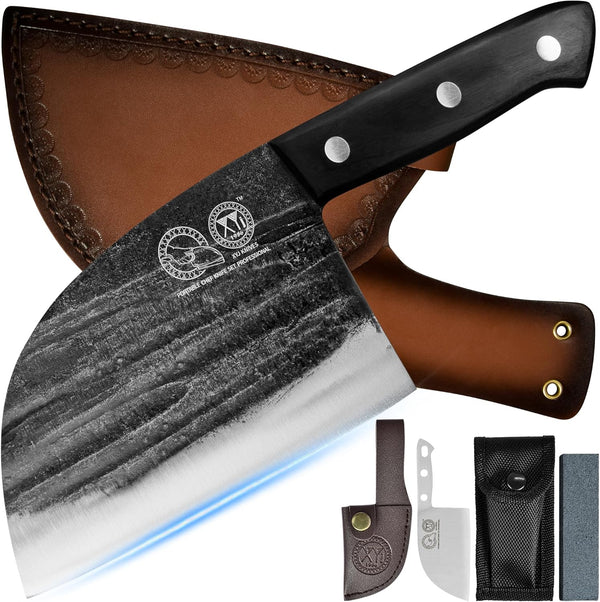 XYJ 6 Inch Serbian Chef Knife with Sheath, Handmade Forged Outdoor Kitchen Butcher Knife