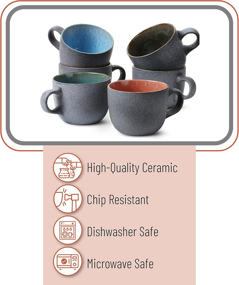 Brew To A Tea Set, 14 oz (415 ml), 6 Pack, Set, BTaT- Porcelain Coffee Mugs Ceramic Coffee Mugs, Matte Black Outside