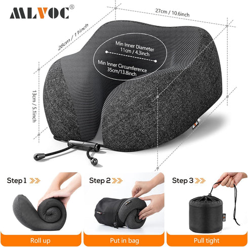 MLVOC Travel Pillow - 100% Pure Memory Foam Neck Pillow with Eye Masks, Earplugs, and Luxury Bag