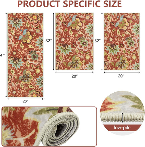 Homcomoda Kitchen Mats 3 Piece Set, Non Slip Washable Floral Kitchen Rugs for Sink, Laundry Room