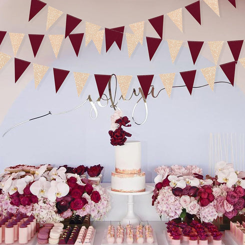 Burgundy Party Decorations - Maroon Champagne Gold Triangle Banner Flag Bunting for Birthday, Engagement, Wedding, Baby