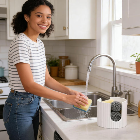 Countertop, Ceramic Sponge Holder for Kitchen Sink - Dishwasher Safe Porcelain Dish Sponge Caddy Minimalist Vertical