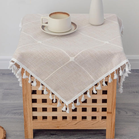 24x24 Inch Cotton Linen Small Square Tablecloth Boho Wrinkle Free Washable Plaid Table Cover with Tassels Brown