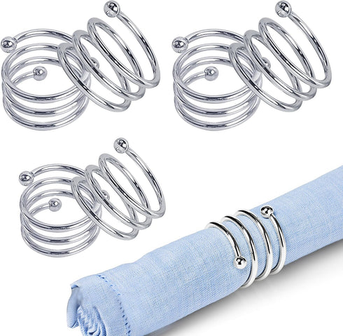 Metal Spiral Napkin Rings, Round Serviette Holder Buckles for Dinner, Holiday Parties, Set of 6 (Silver)