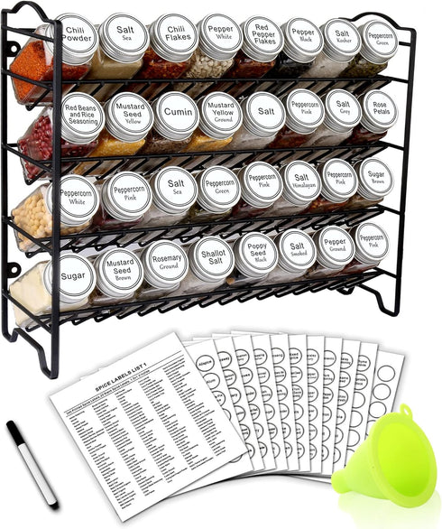 SWOMMOLY Spice Rack Organizer with 32 Empty Square Glass Spice Jars, 386