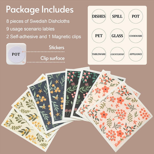Swedish Dishcloths for Kitchen: 8 Pack Reusable Non-Scratch Paper Towels, Super Absorbent Biodegradable Sponge Cloths