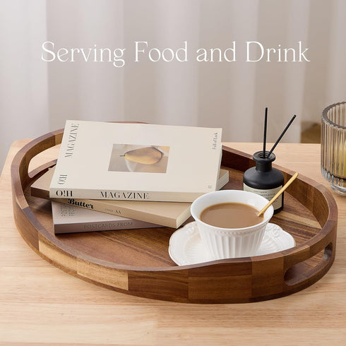 NAVORIX 17'' 13'' Counter Acacia Wood Serving Tray with Handles - x Round, Decorative Ottoman Trays for Breakfast, Home