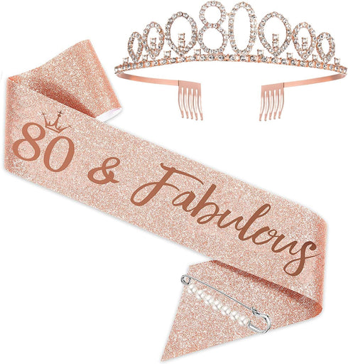 Rose Gold Birthday Tiara and Sash, Fabulous 80th Birthday Party Favor for Women